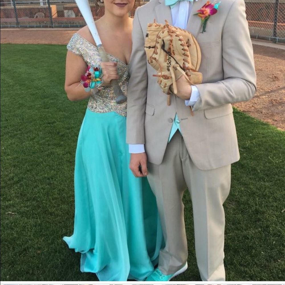 Turquoise & champagne prom dress